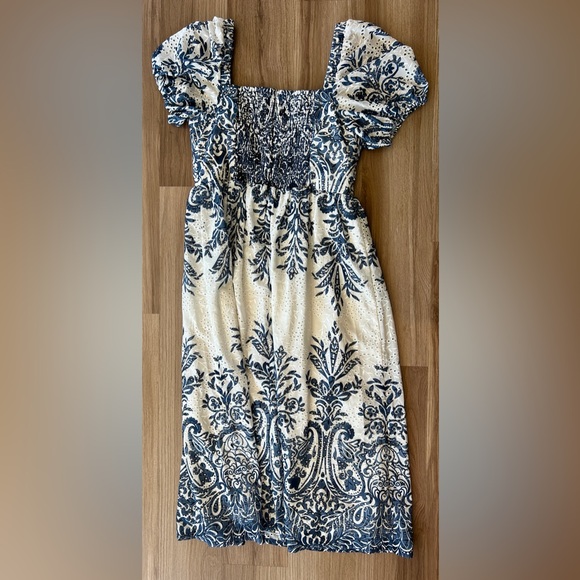 Ted Baker Print Eyelet Puff Sleeve Midi Dress Vintage Inspired Print Navy XL - Picture 9 of 12